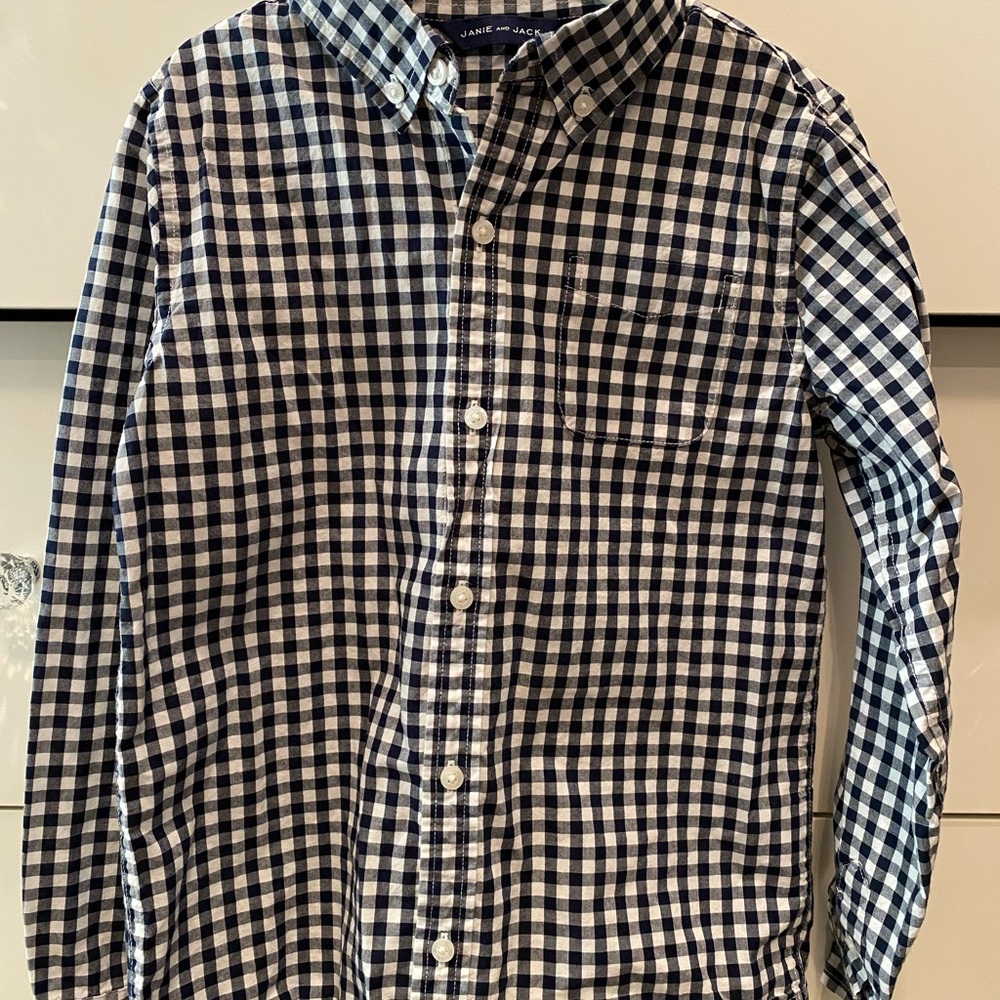 Janie and Jack Boy’s Navy and White Checkered Gingham Shirt, Size 7.